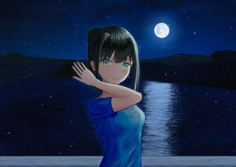 舞台は京都の嵐山です
渡月橋の上から東を向いて取った、夜の写真をベースに、描き加えなどしたイラストです
完成分イラストからライティング（光）を変えて、夜の静謐さが出るようにしました