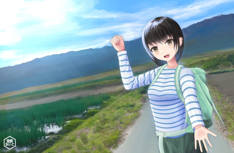 登山に向かう途中で、歩き過ぎでもうへばりかけている仲間に「ほら、もうちょっと頑張ろうよ」と声をかけている女の子です
背景は、京都の大原野の写真を加工・加筆しています